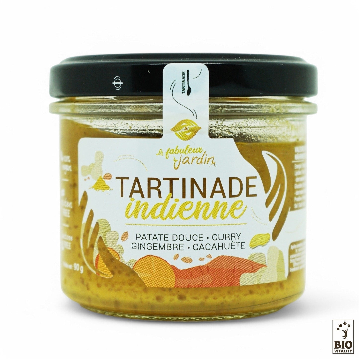 La Tartinade Indienne Bio 90g de FABULEUX JARDIN associe patate douce, curry, gingembre et cacahuète. Elle est dotée dun couvercle noir et dune étiquette illustrée représentant son essence dépices indiennes.