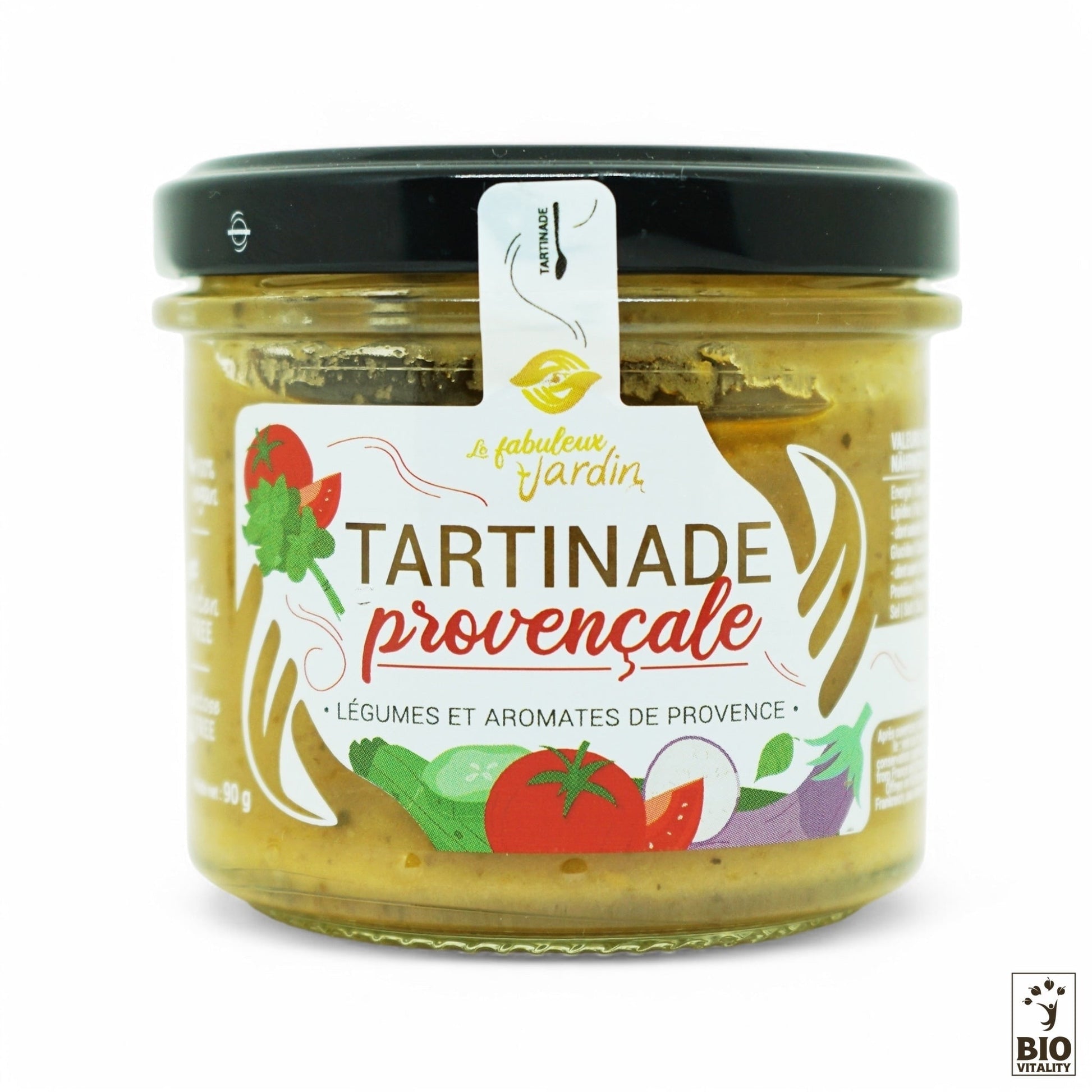 Le FABULEUX JARDIN Tartinade Provençale Bio - pot 90g met en valeur des illustrations colorées de légumes et dherbes aromatiques, à limage des jardins méditerranéens. Le logo Bio Vitality souligne ses origines en permaculture durable.