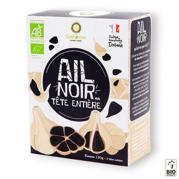 La boîte dAil noir biologique de GAIHAMSA (environ 2 têtes entières) présente des illustrations dail, des certifications bio et fait la promotion de son statut de superaliment hautement digestible.