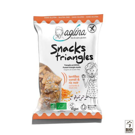 Paquet Aglina de triangles, snack protéiné à base de lentilles corail et riz noir, bio, sans gluten et vegan