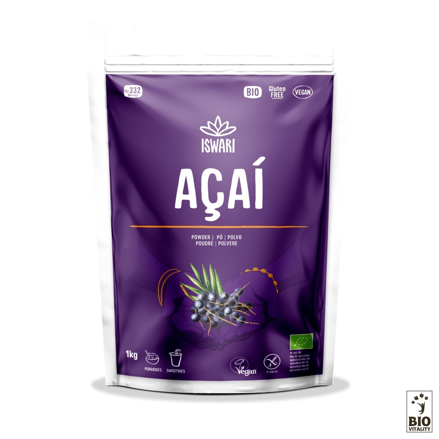 LAçaï en Poudre Bio 1kg dISWARI est un superaliment violet, vegan et sans gluten certifié biologique européen, riche en antioxydants.