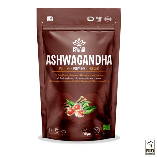 Un emballage marron étiqueté « Ashwagandha Bio - 150g » par ISWARI présente des icônes pour les produits végétaliens, sans gluten et biologiques. Orné dune image de plante dashwagandha, ce ginseng indien est réputé pour ses propriétés adaptogènes.
