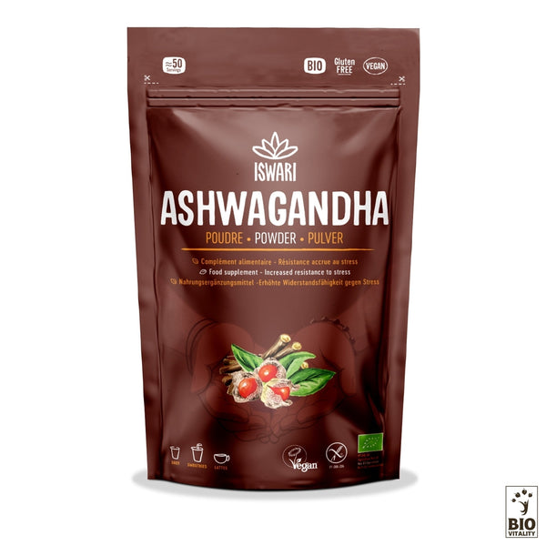 Un emballage marron étiqueté « Ashwagandha Bio - 150g » par ISWARI présente des icônes pour les produits végétaliens, sans gluten et biologiques. Orné dune image de plante dashwagandha, ce ginseng indien est réputé pour ses propriétés adaptogènes.