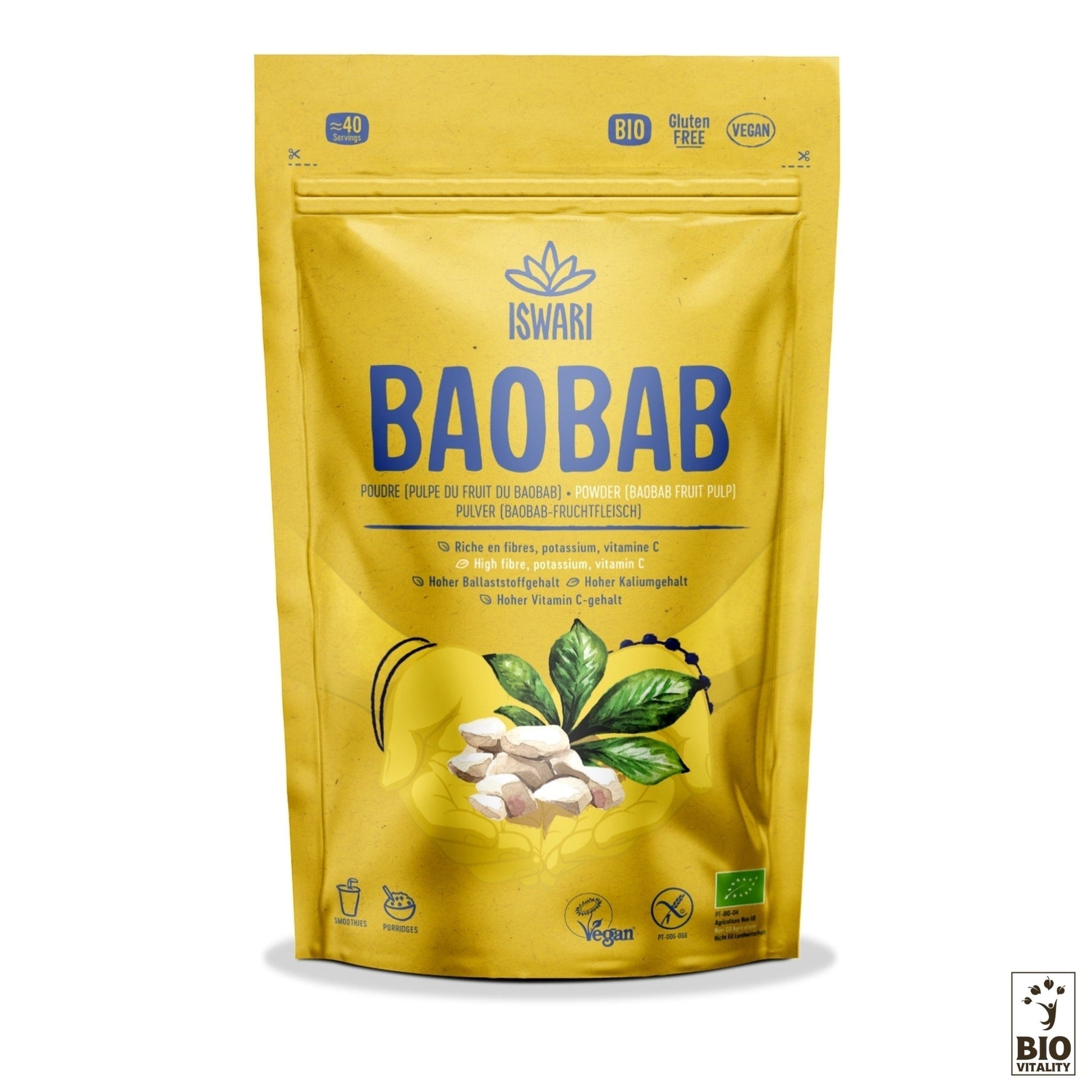 Le paquet de 125 g de Baobab en Poudre Bio ISWARI, avec une illustration de fruit du baobab et de feuille, est biologique, sans gluten et végétalien. Célébré comme un superaliment, il est riche en nutriments, ce qui le rend idéal pour les personnes soucieuses de leur santé.