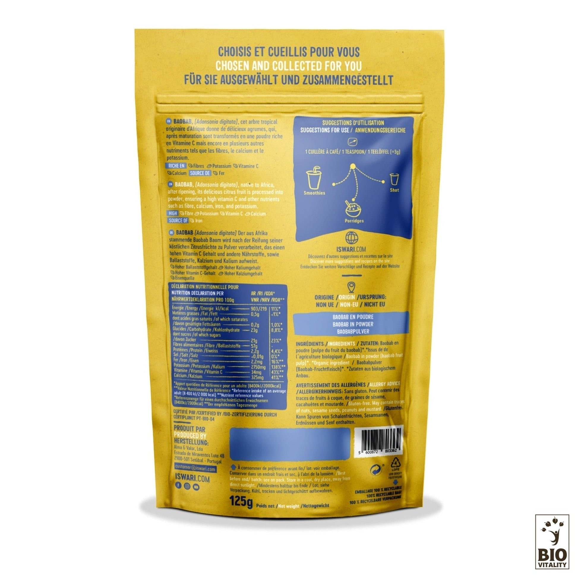Lemballage du Baobab en Poudre Bio - 125g dISWARI comporte des informations produit multilingues, affichant bien en évidence le logo BIO VITALITY en bas à droite. Découvrez ses informations nutritionnelles et les instructions de préparation de ce superaliment riche en nutriments enrichi en fruits de baobab.