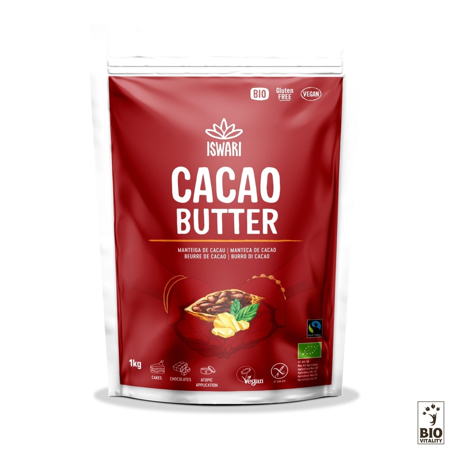 Le sachet rouge et blanc de 1 kg de Beurre de Cacao cru Fairtrade Bio dIswari est biologique, végétalien, sans gluten et fabriqué avec du beurre de cacao équitable pour la qualité et la durabilité.