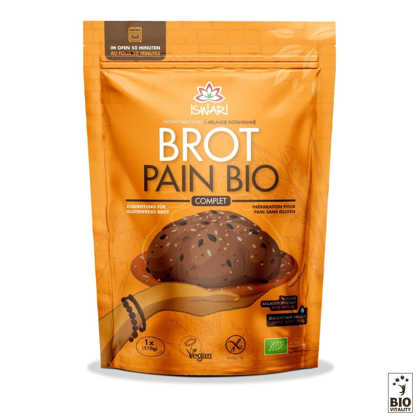 Le paquet orange du mélange à pain ISWARI - Original Bio - 300g est un mélange à pain sans gluten, biologique et végétalien. Ce mélange nutritif est accompagné dinstructions de préparation, ce qui permet de préparer facilement de délicieux pains maison à la maison.