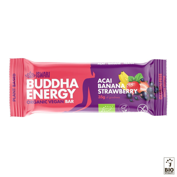 Savourez la vitalité de la barre énergétique Buddha Energy Bar Açaï, Fraise & Banane Bio dISWARI, une collation végétalienne biologique de 35 g aux délicieuses saveurs de fruits, parfaite pour dynamiser votre journée.