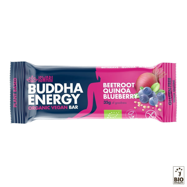 Essayez la barre énergétique Buddha Energy Bar 35g dISWARI à la betterave, au quinoa et à la myrtille. Son design rose vif et violet arbore le logo Bio Vitality. Profitez de ces barres énergétiques composées dingrédients 100% végétaux.