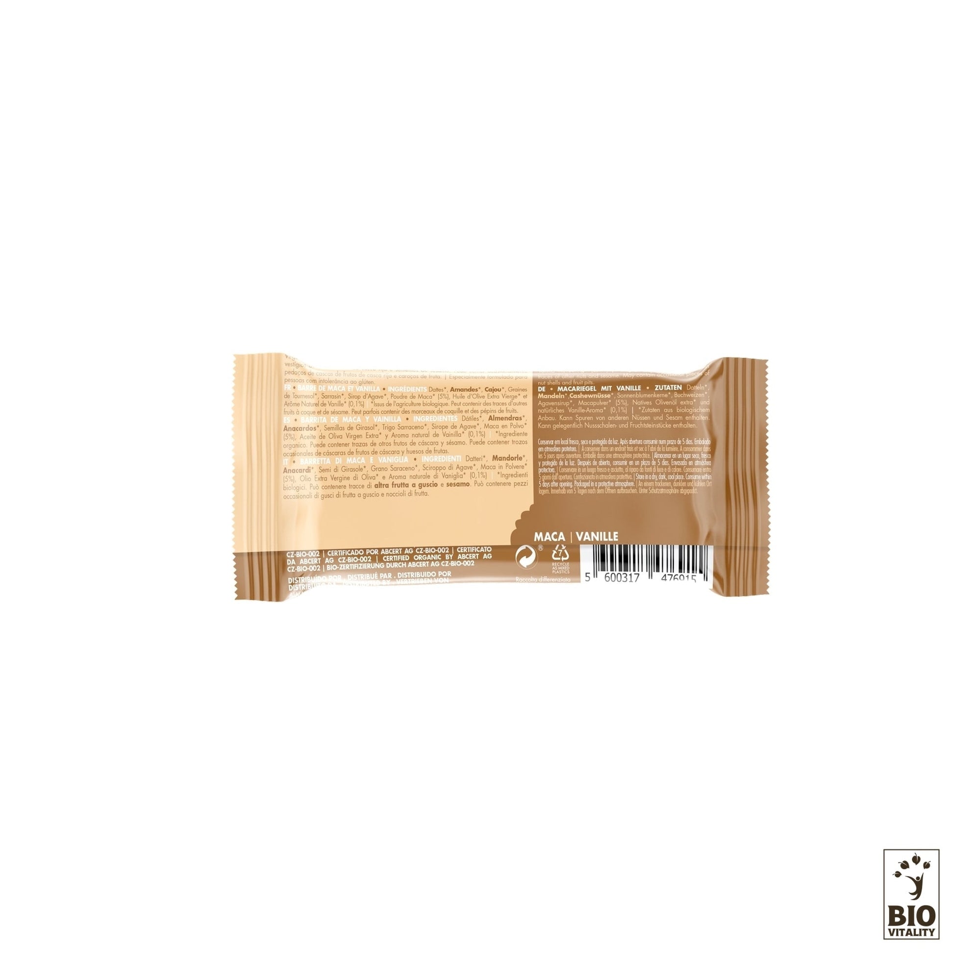 Le dos de la Buddha Energy Bar Maca & Vanille Bio (35g) dISWARI présente un emballage marron avec le texte et les ingrédients visibles. Il met en valeur 100% végétaux et arbore le logo BioVitality dans le coin inférieur droit, soulignant ses qualités de soutien énergétique.