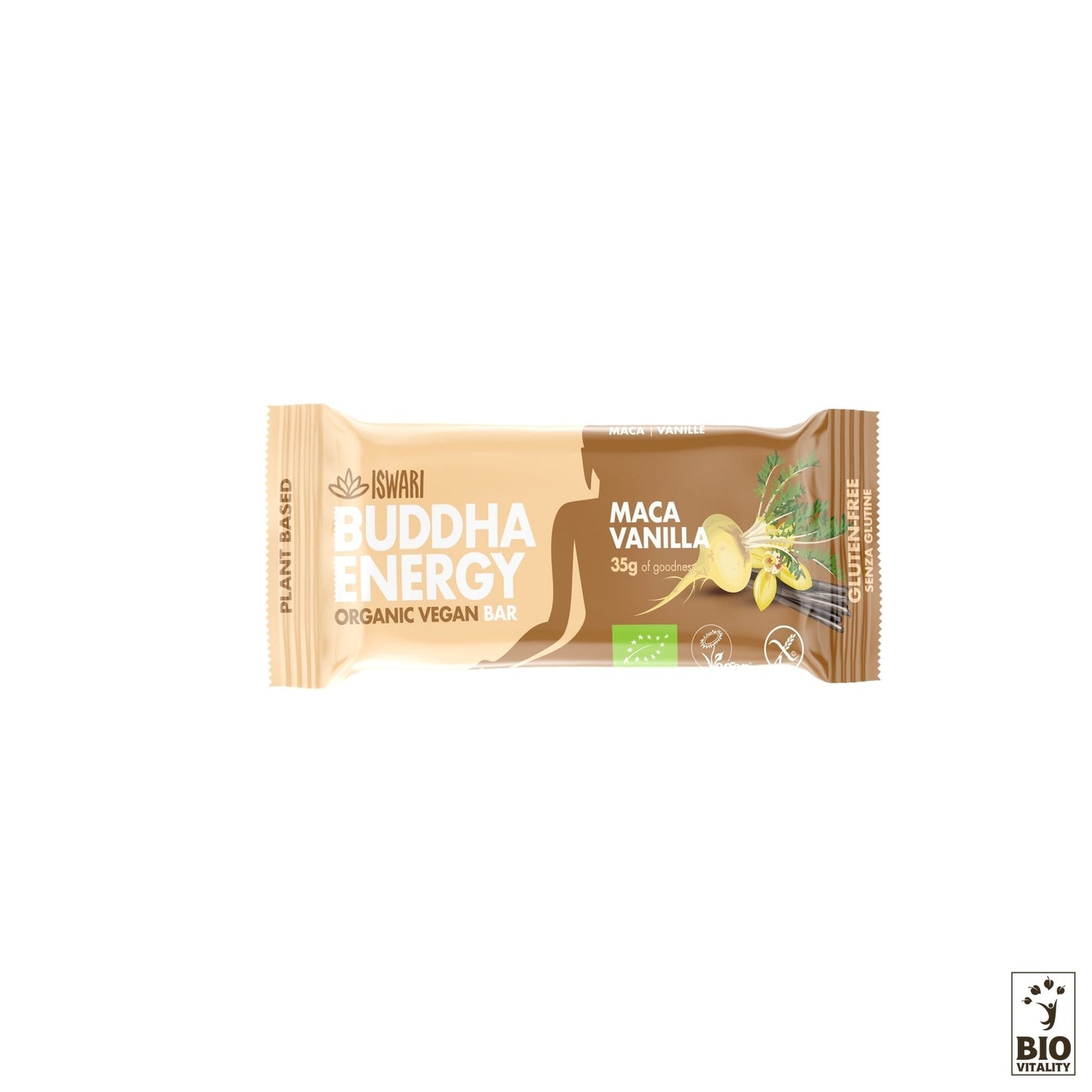 La barre énergétique ISWARI Buddha Maca & Vanille Bio - 35g est une barre vegan à la maca et à la vanille, emballée dans un emballage marron clair orné dimages de vanille et de racines de maca, apportant un soutien énergétique avec ses ingrédients 100% végétaux.