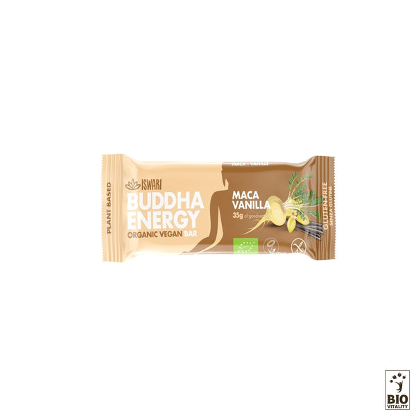 La barre énergétique ISWARI Buddha Maca & Vanille Bio - 35g est une barre vegan à la maca et à la vanille, emballée dans un emballage marron clair orné dimages de vanille et de racines de maca, apportant un soutien énergétique avec ses ingrédients 100% végétaux.