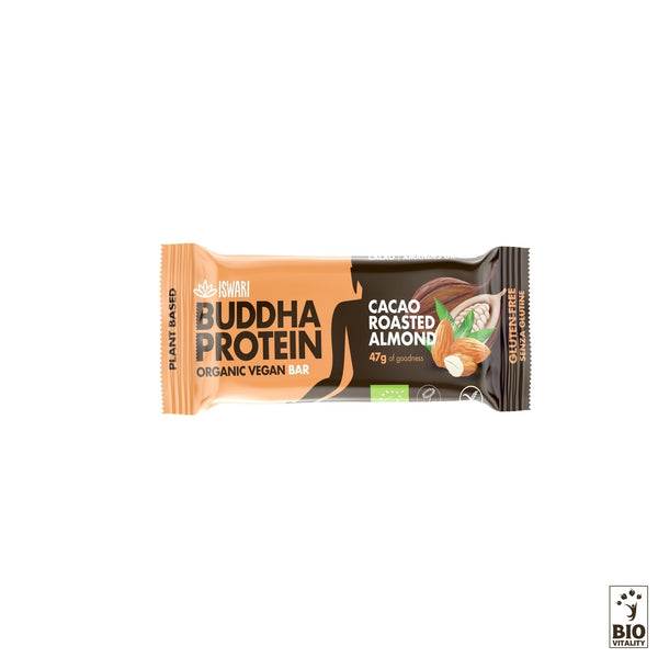 Découvrez la barre protéinée ISWARI Buddha Cacao Amandes Grillées Bio - une collation biologique, végétalienne et sans gluten de 47 g regorgeant de saveurs de cacao et damandes grillées. Avec son emballage orange et marron vibrant, il offre une délicieuse énergie végétale à chaque bouchée.