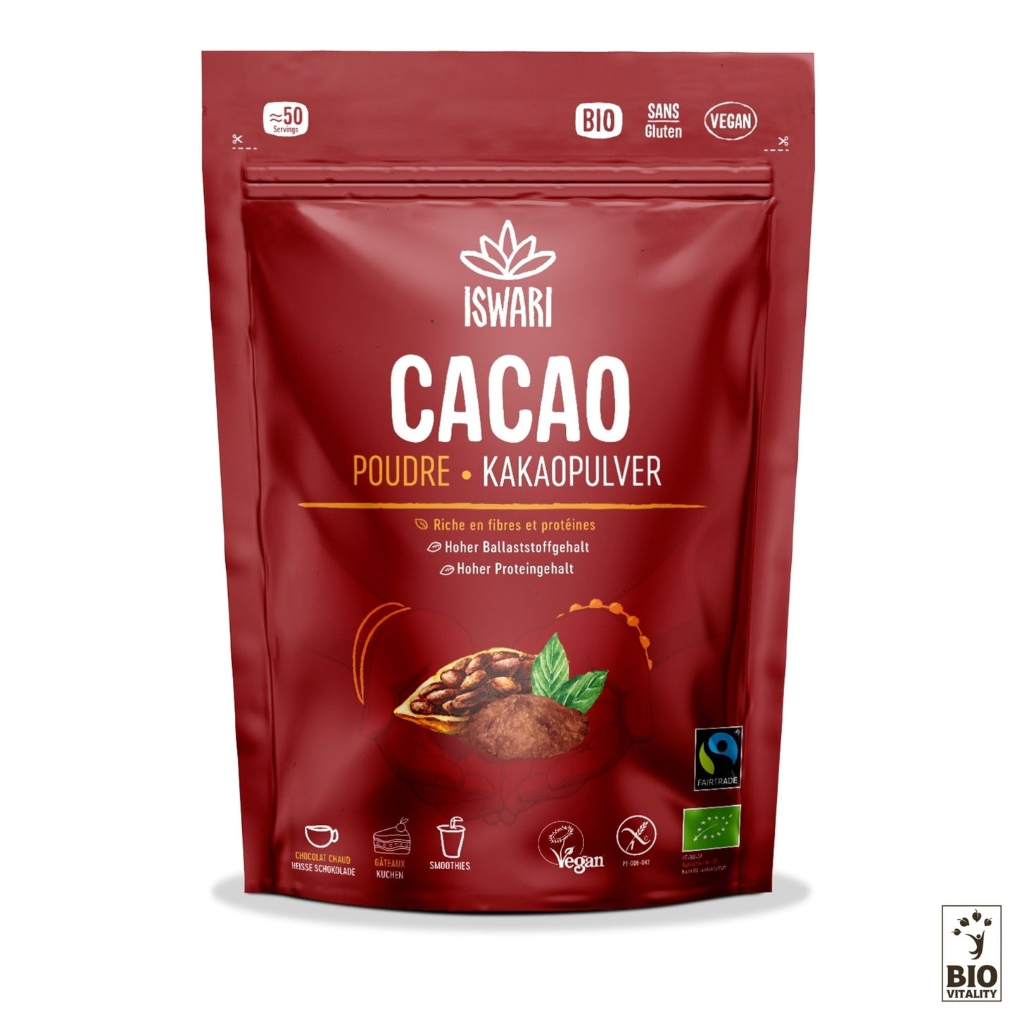 Lemballage rouge vif du cacao cru en poudre Fairtrade Bio dISWARI met en valeur ses caractéristiques biologiques, sans gluten et végétaliennes. Les symboles de teneur élevée en fibres et en protéines reflètent ses principes de commerce équitable.