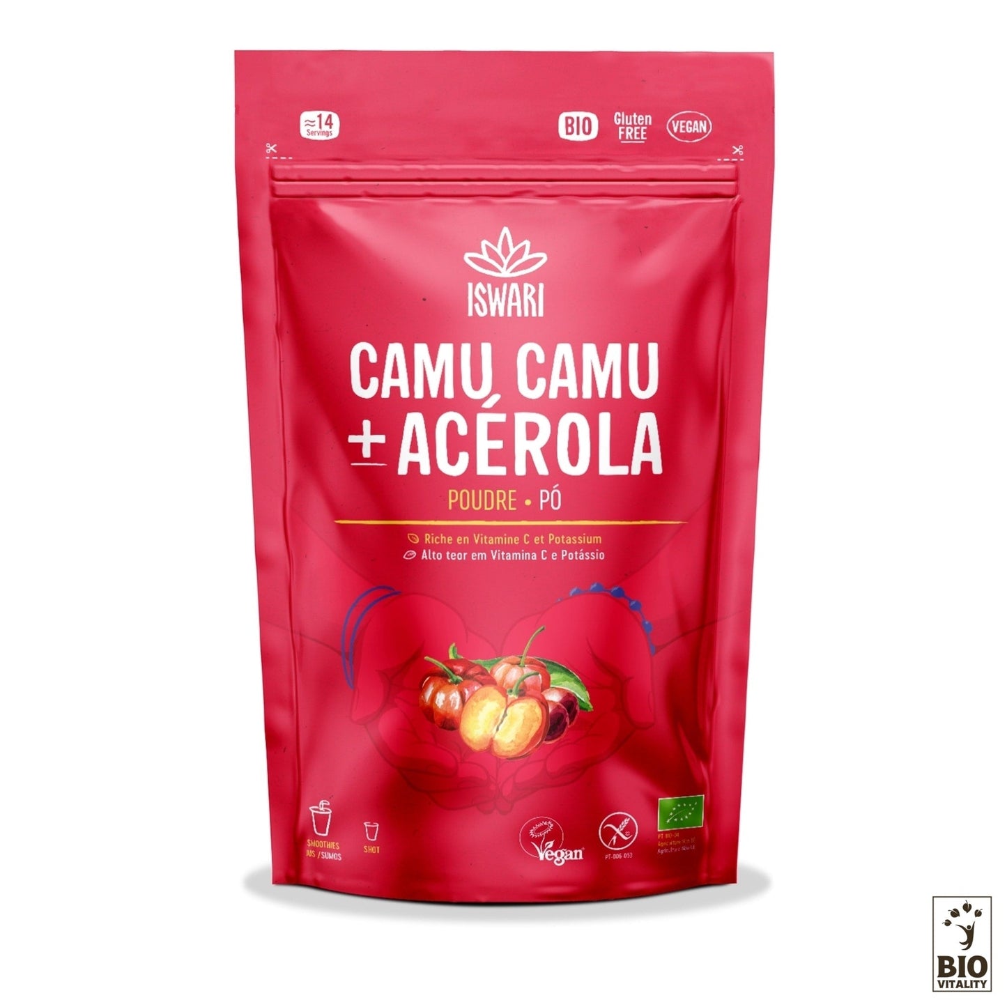 Le sachet rouge vif du « Camu Camu et Acérola en Poudre Bio - 70g » dISWARI propose un mélange riche en vitamine C de poudres de Camu Camu et dAcérola. Végétalien, biologique et sans gluten, il présente de belles illustrations de fruits riches en nutriments.