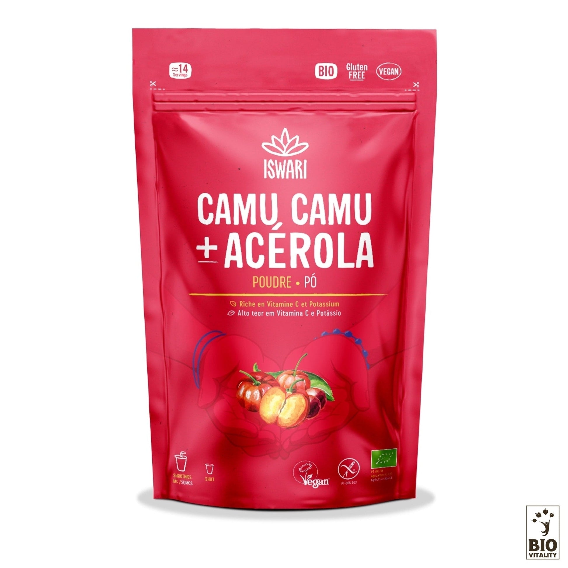 Le sachet rouge vif du « Camu Camu et Acérola en Poudre Bio - 70g » dISWARI propose un mélange riche en vitamine C de poudres de Camu Camu et dAcérola. Végétalien, biologique et sans gluten, il présente de belles illustrations de fruits riches en nutriments.