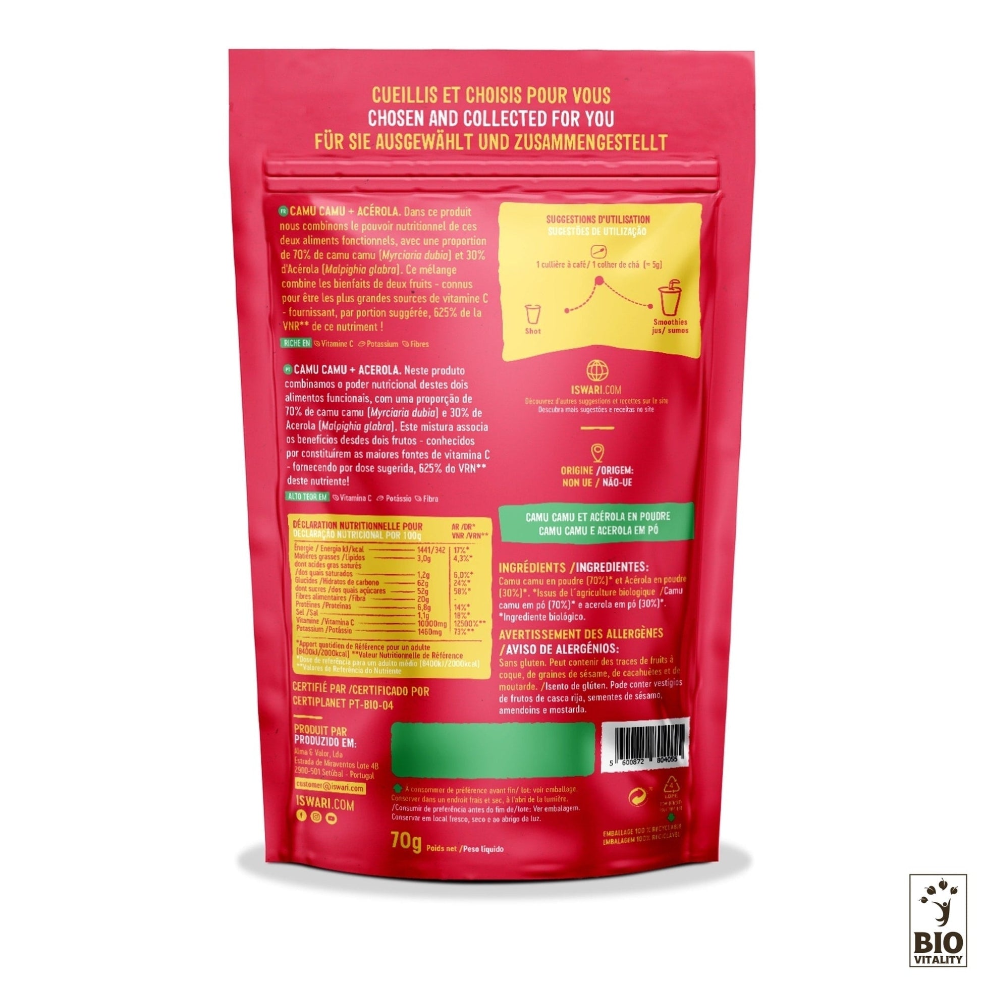Le dos de lemballage de Camu Camu et Acérola en Poudre Bio dISWARI affiche un texte multilingue avec des ingrédients, des instructions et des informations nutritionnelles mettant laccent sur la vitamine C, et présente le logo BioVitality dans le coin inférieur.