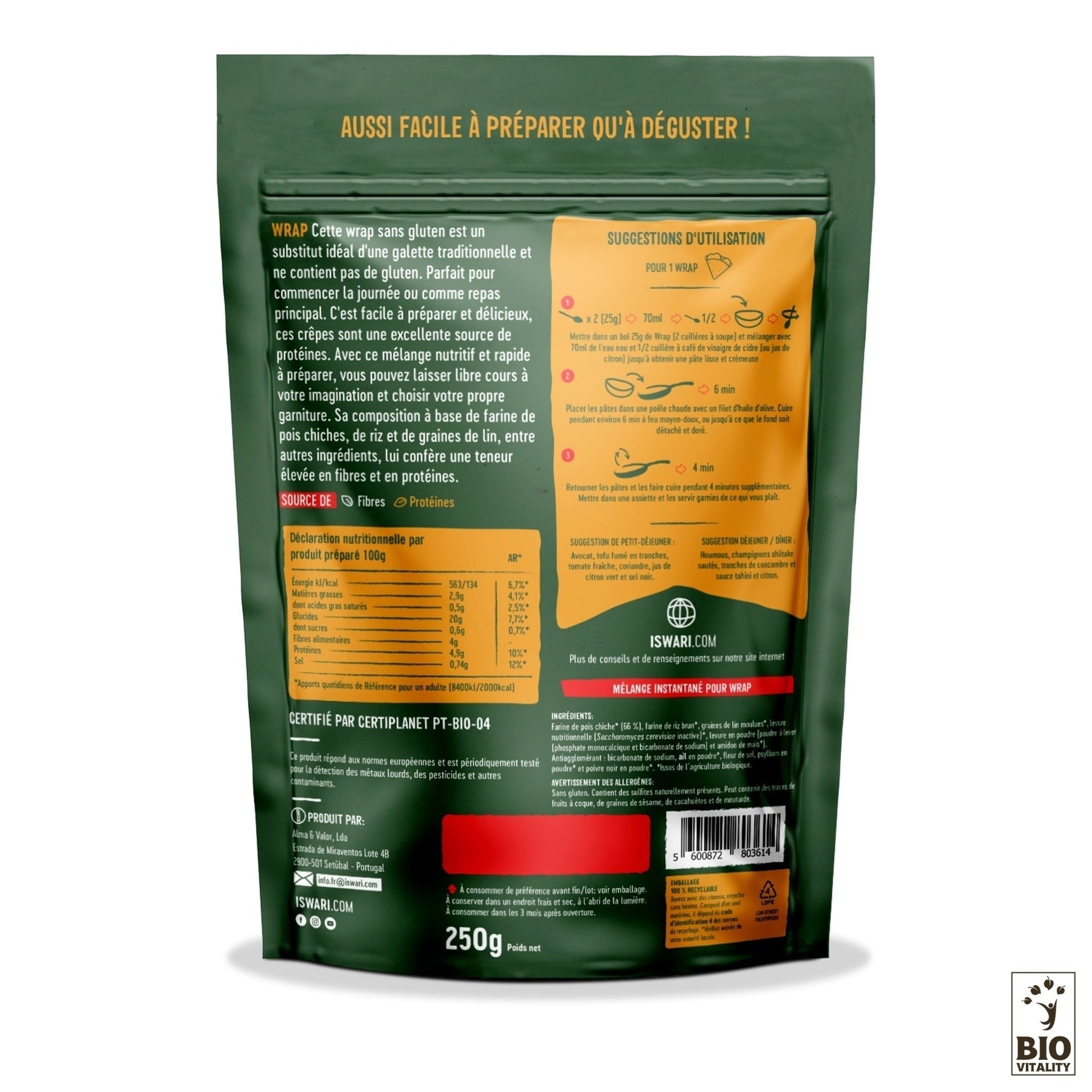 Lemballage vert aux accents orange de Crêpe Salé Bio - 250g dISWARI comporte des instructions de cuisson en français, des informations nutritionnelles, un label biologique « BIO » et une promesse « sans gluten », parfait pour les consommateurs soucieux de leur santé.