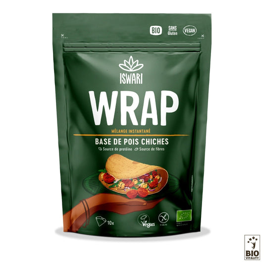 Le paquet vert de crêpes salées Bio dIswari, un mélange de wraps aux pois chiches végétalien et sans gluten, est biologique et riche en protéines et en fibres. Il propose 10 portions, avec une image marron dun wrap rempli de légumes sur le devant.