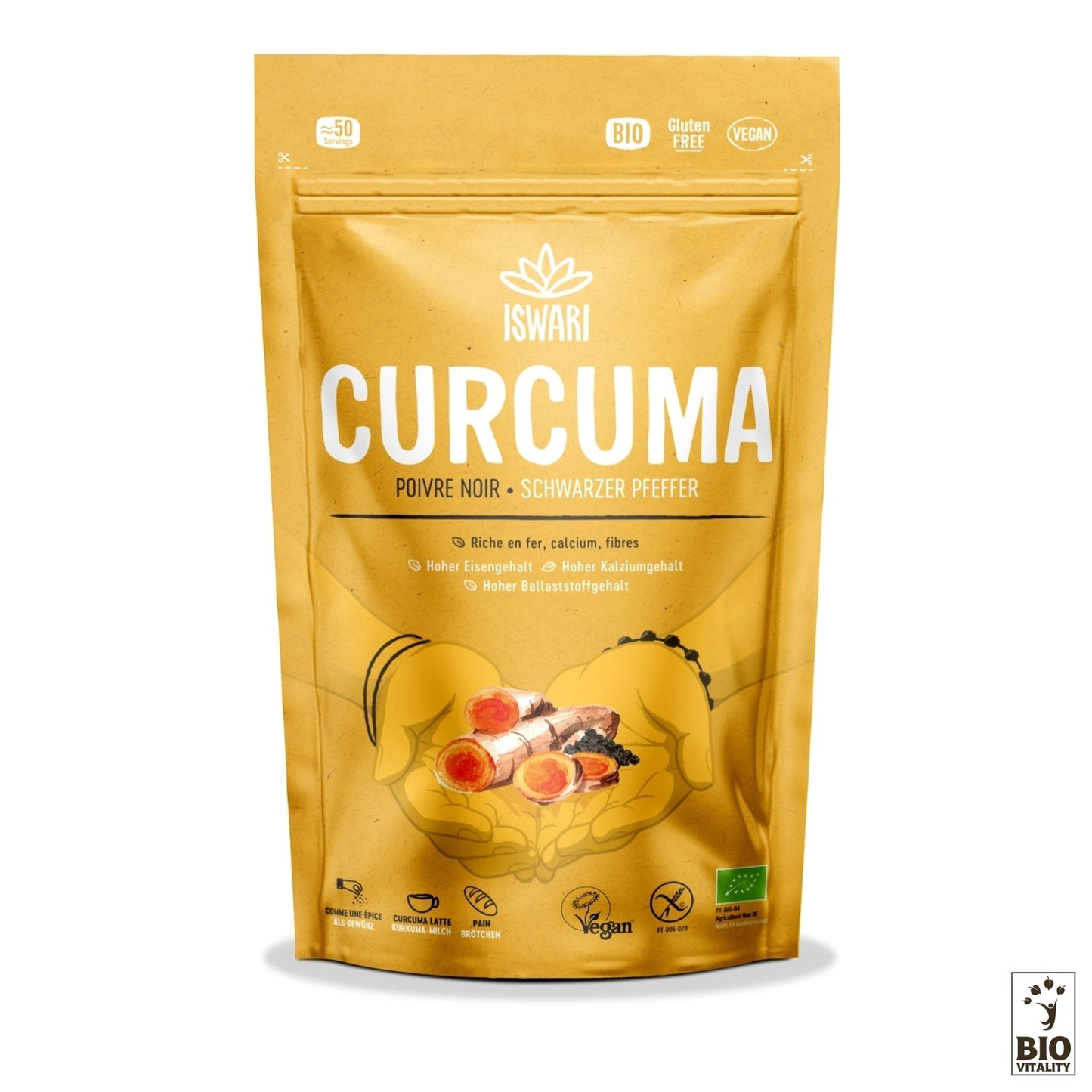Le sachet ISWARI Curcuma & Poivre Noir Bio 150g est une formule bio, sans gluten et vegan enrichie en curcumine. Ses propriétés antioxydantes et sa teneur élevée en fer, calcium et fibres sont mises en valeur sur lemballage doré orné dimages vibrantes de curcuma et de poivre noir.