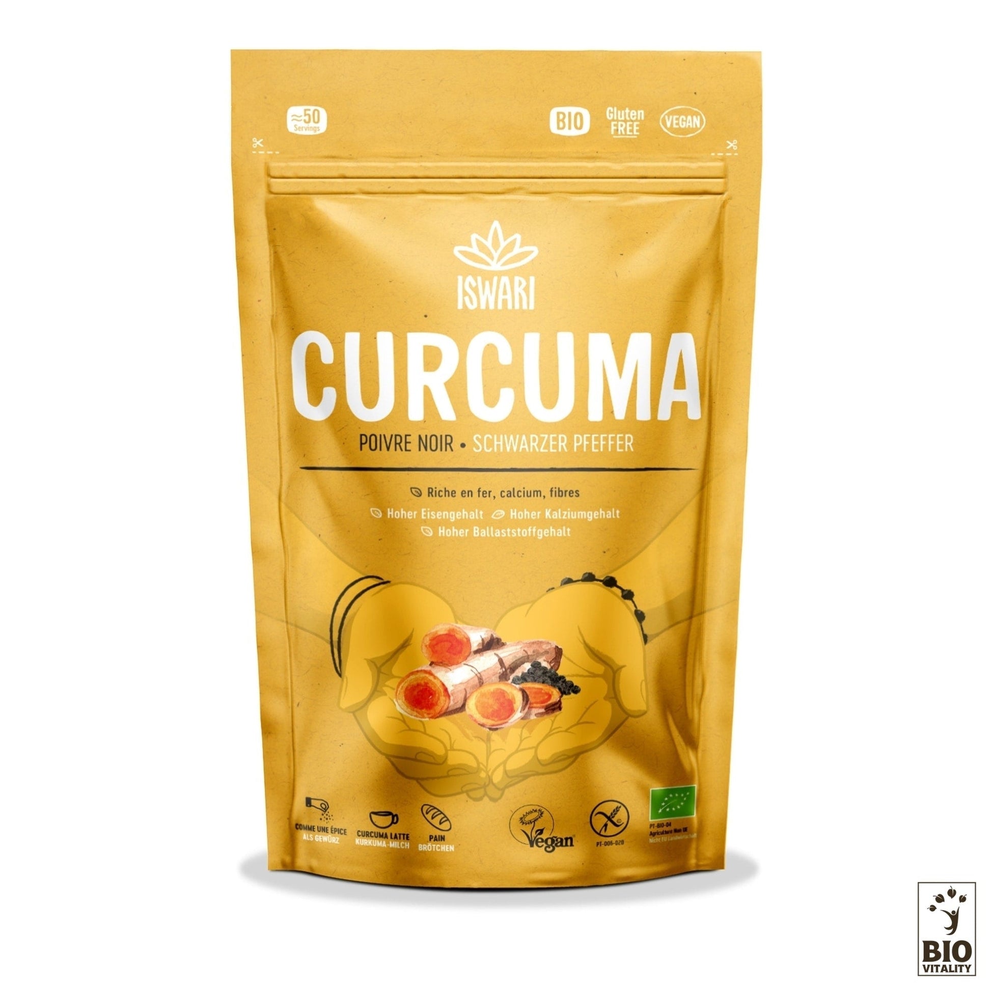 Le sachet ISWARI Curcuma & Poivre Noir Bio 150g est une formule bio, sans gluten et vegan enrichie en curcumine. Ses propriétés antioxydantes et sa teneur élevée en fer, calcium et fibres sont mises en valeur sur lemballage doré orné dimages vibrantes de curcuma et de poivre noir.