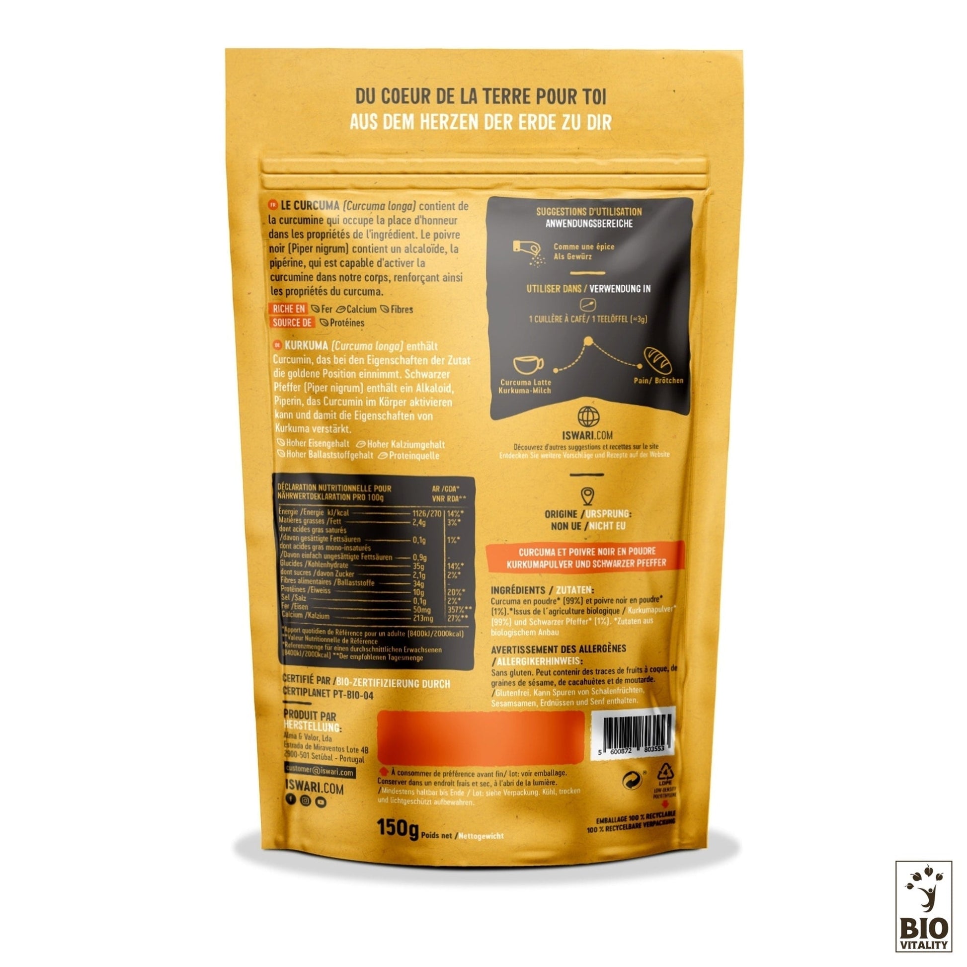 Le dos du paquet de 150 g de Curcuma & Poivre Noir Bio dISWARI met en valeur les ingrédients, les informations nutritionnelles et les instructions dutilisation en plusieurs langues. Son design à dominante orange et marron met laccent sur la curcumine en tant quantioxydant puissant.