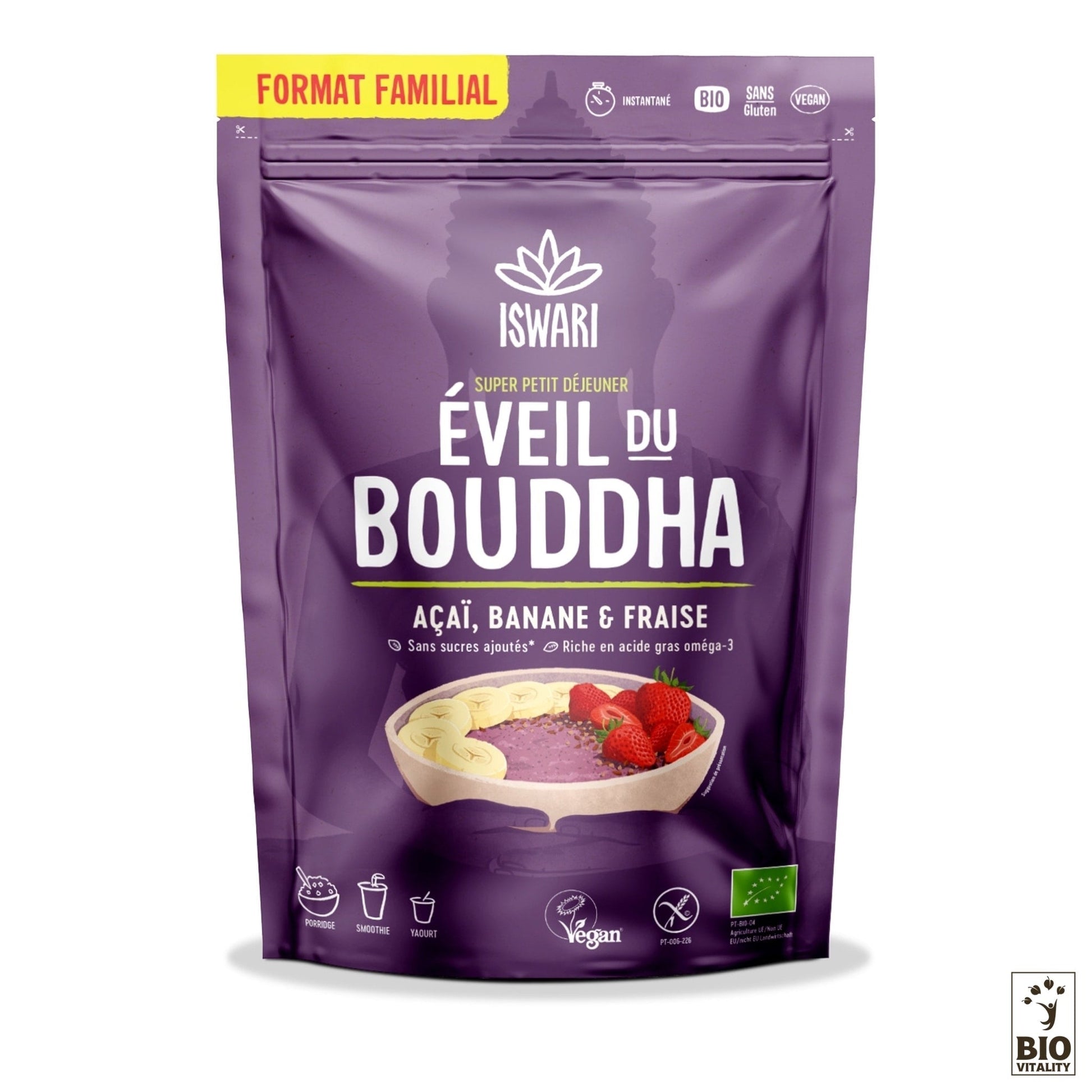 LISWARI Eveil du Bouddha Açaï Banane & Fraise Bio dans un emballage violet est un mélange de petit-déjeuner végétalien et biologique avec des icônes sans sucre ajouté et des bienfaits oméga-3.