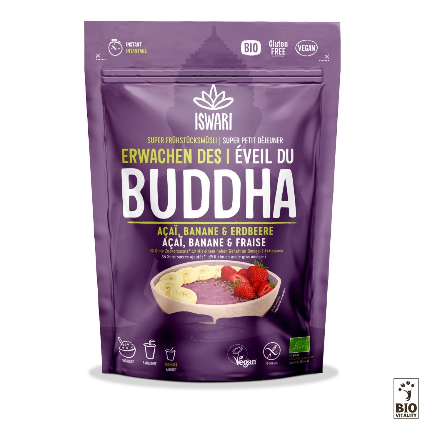 LEveil du Bouddha Açaï Banane & Fraise Bio dISWARI est un emballage violet et rose présentant un bol dingrédients biologiques, végétaliens et sans gluten, favorisant un mélange nutritif pour un petit-déjeuner équilibré instantané.