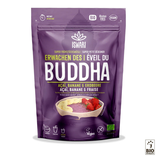 LEveil du Bouddha Açaï Banane & Fraise Bio dISWARI est un emballage violet et rose présentant un bol dingrédients biologiques, végétaliens et sans gluten, favorisant un mélange nutritif pour un petit-déjeuner équilibré instantané.