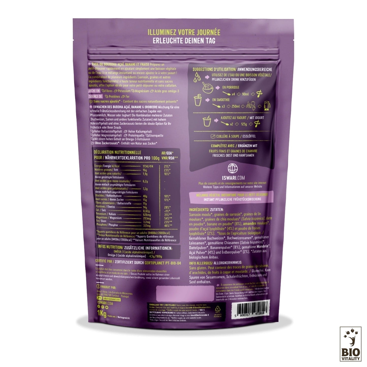 Le dos du paquet violet comprend des informations multilingues, des informations nutritionnelles et des suggestions de petit-déjeuner avec un logo BIO Vitality en bas à droite. Profitez du mélange Eveil du Bouddha Açaï Banane & Fraise Bio dISWARI pour bien commencer la journée.