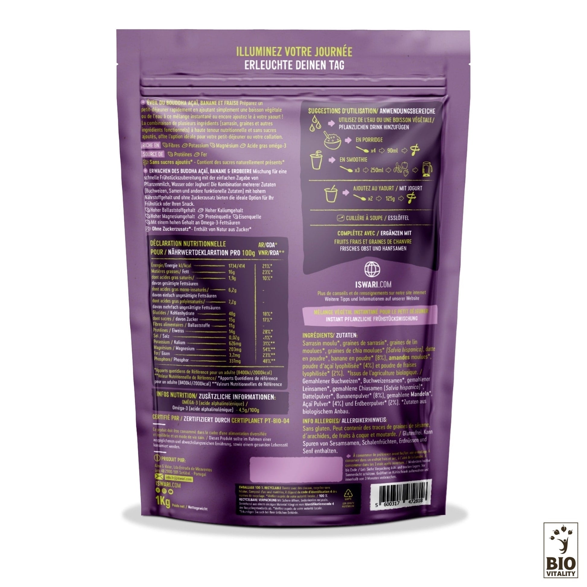 Le dos du paquet violet comprend des informations multilingues, des informations nutritionnelles et des suggestions de petit-déjeuner avec un logo BIO Vitality en bas à droite. Profitez du mélange Eveil du Bouddha Açaï Banane & Fraise Bio dISWARI pour bien commencer la journée.