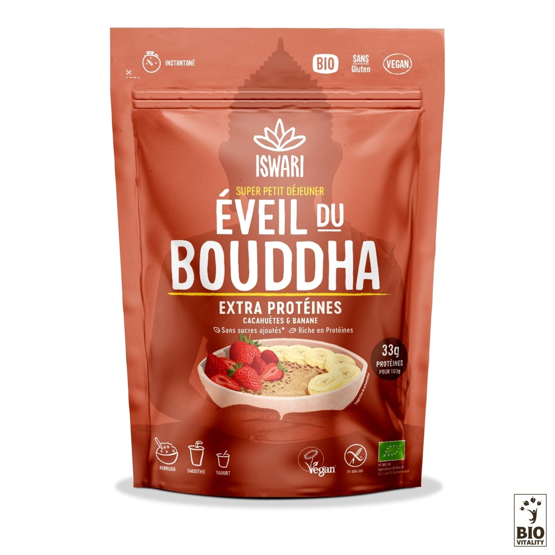 Découvrez lemballage rouge vif de lÉveil du Bouddha Cacahuètes et Banane Bio dISWARI. Cet incontournable du Buddha Bowl est végétalien, sans gluten, biologique et contient 33 g de protéines de chanvre pour 100 g, un choix riche en nutriments.