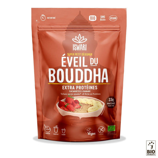 Découvrez lemballage rouge vif de lÉveil du Bouddha Cacahuètes et Banane Bio dISWARI. Cet incontournable du Buddha Bowl est végétalien, sans gluten, biologique et contient 33 g de protéines de chanvre pour 100 g, un choix riche en nutriments.