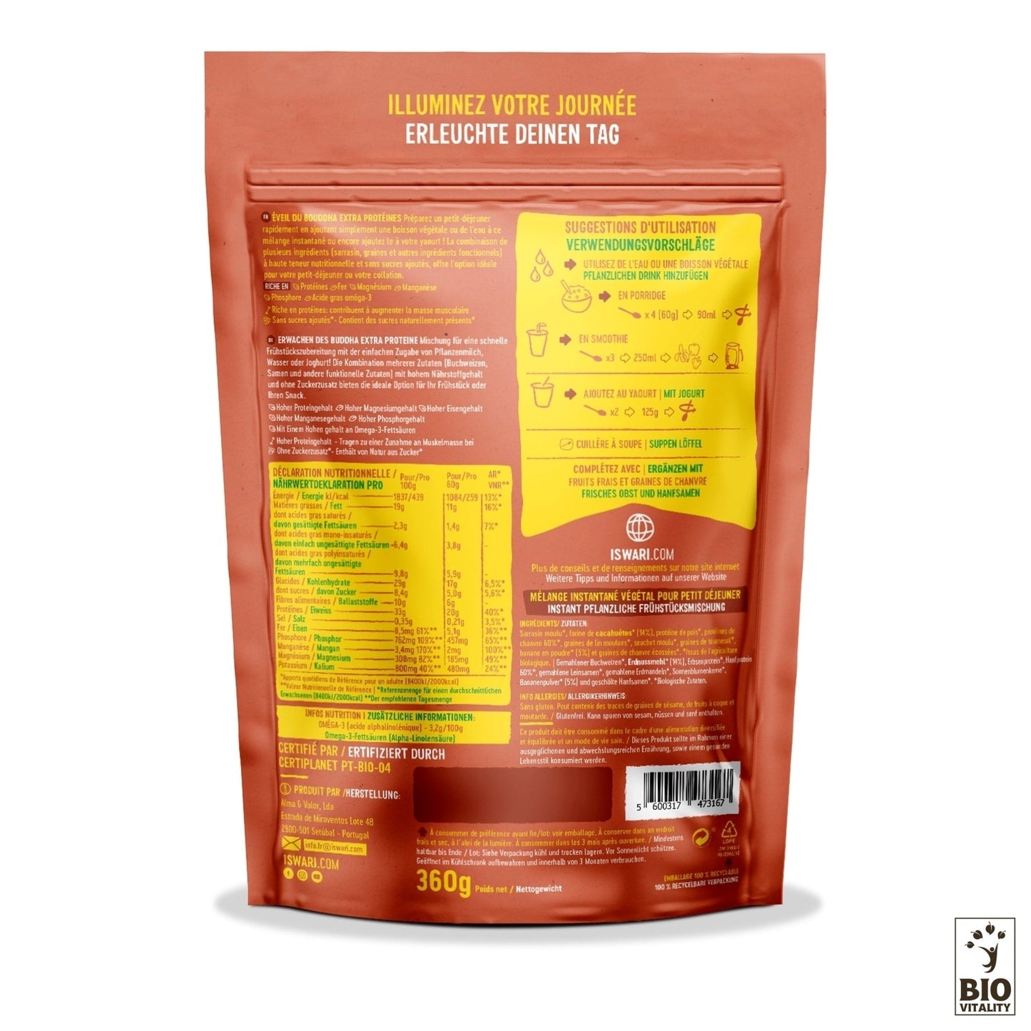 Le dos du sachet Éveil du Bouddha Cacahuètes et Banane Bio - 360g dISWARI affiche un texte en français et en allemand, détaillant les informations nutritionnelles, les conseils dutilisation du Buddha Bowl et un logo Bio Vitality. Il met en valeur les protéines de chanvre pour un boost et est riche en nutriments.