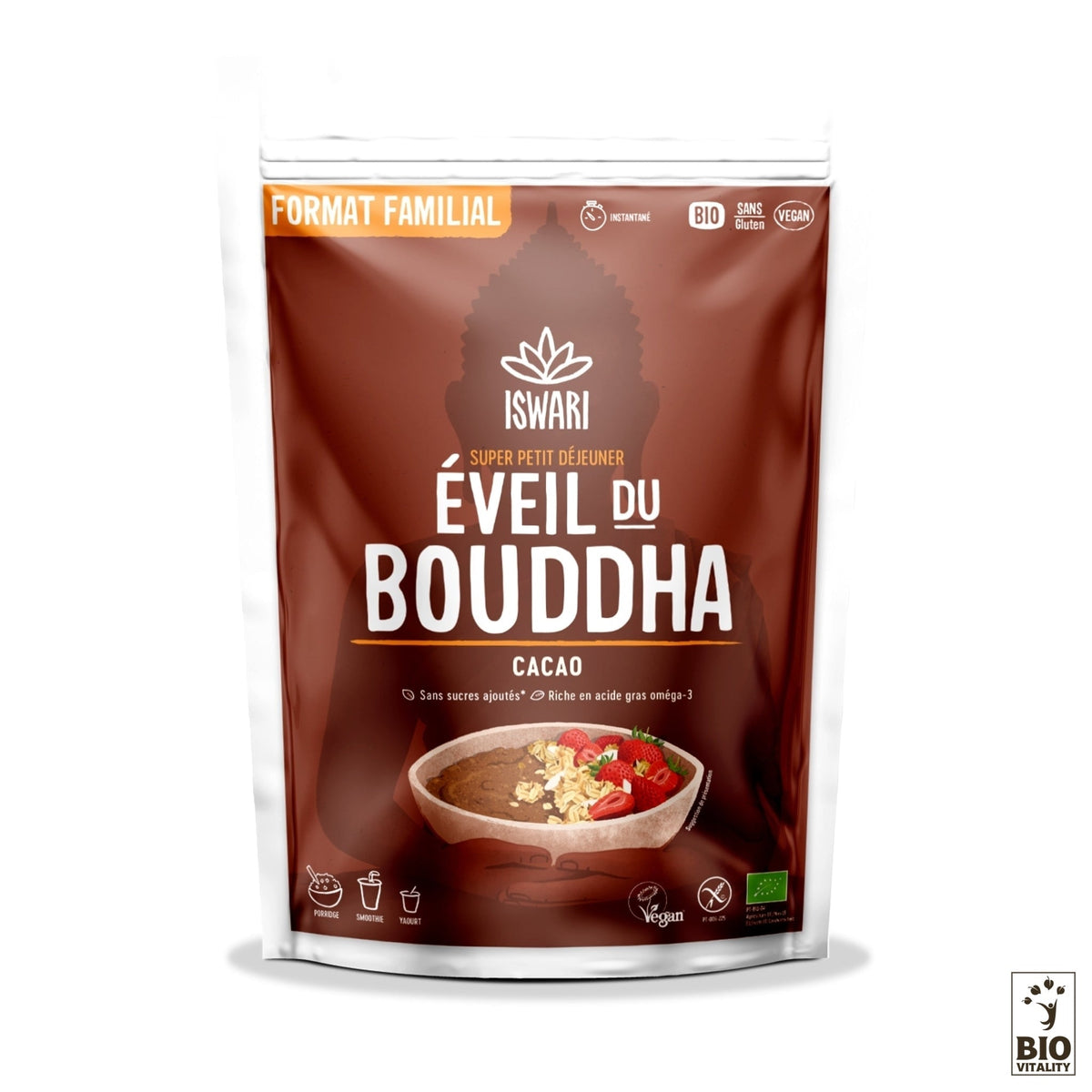 Mélange pour petit-déjeuner Éveil du Bouddha Cacao Cru Bio dISWARI, biologique, sans gluten et végétalien. Ce mélange de format familial facilite la digestion et est présenté dans un bol avec des fruits et des graines pour un début de journée nutritif.