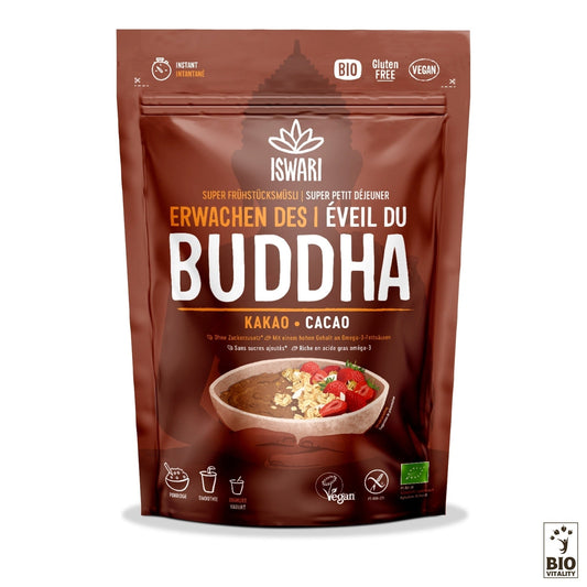 LÉveil du Bouddha Cacao Cru Bio dISWARI est un mélange pour petit-déjeuner biologique, sans gluten et végétalien. Rempli dingrédients nutritifs, ce mélange offre une explosion de saveurs. Lemballage représente un bol invitant avec des fruits et des graines.