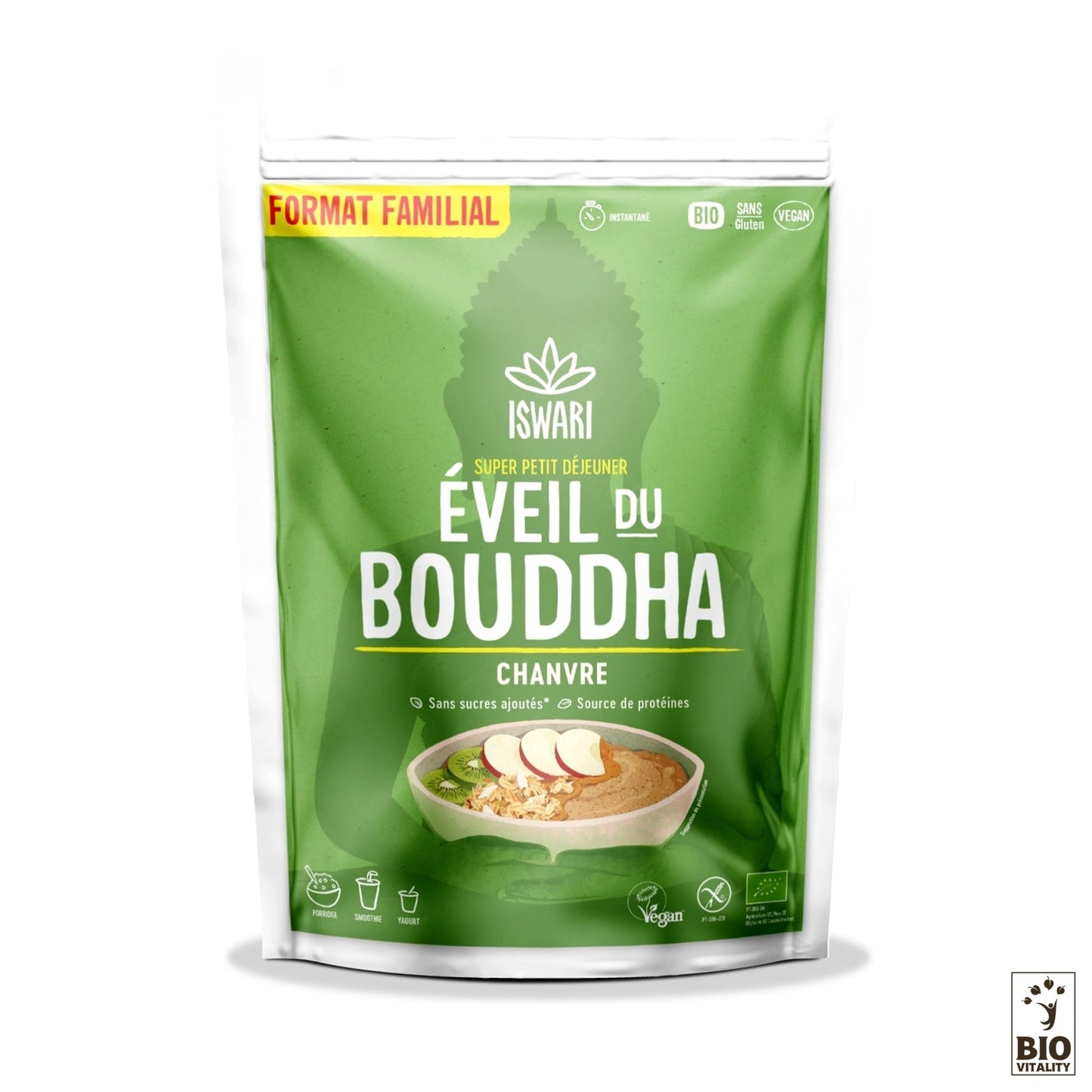 Lemballage familial vert de lÉveil du Bouddha Chanvre Bio dISWARI met en valeur ses qualités biologiques et végétaliennes, avec une silhouette et une image de bol mettant laccent sur des ingrédients sains comme la sarrasine.