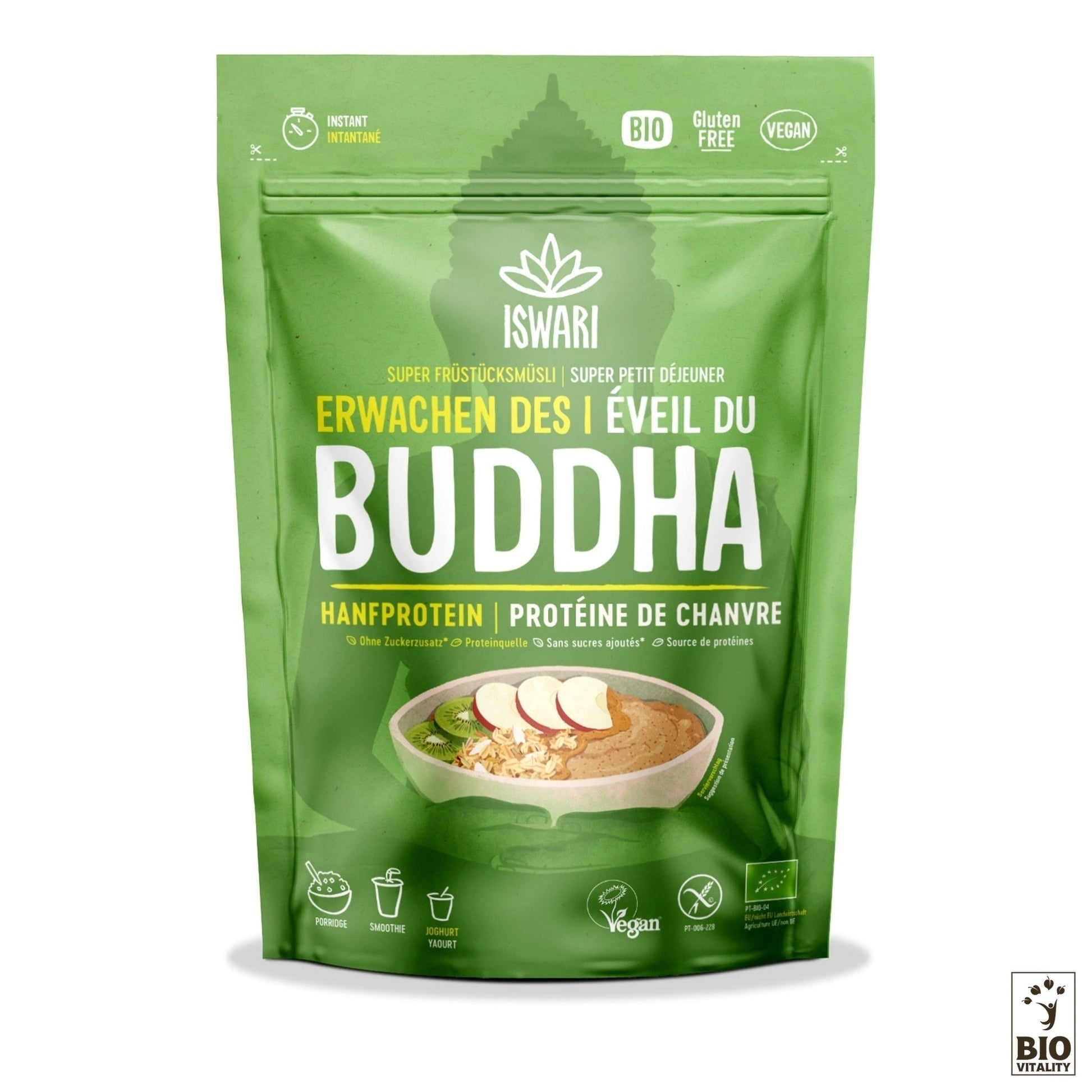 Découvrez le petit-déjeuner « Éveil du Bouddha Chanvre Bio » dISWARI avec son emballage écologique et ses protéines de chanvre nourrissantes. Dégustez un porridge aux tranches de pomme, affichant les labels bio, sans gluten et vegan.