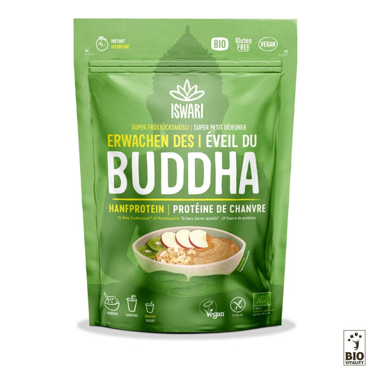 Découvrez le petit-déjeuner « Éveil du Bouddha Chanvre Bio » dISWARI avec son emballage écologique et ses protéines de chanvre nourrissantes. Dégustez un porridge aux tranches de pomme, affichant les labels bio, sans gluten et vegan.