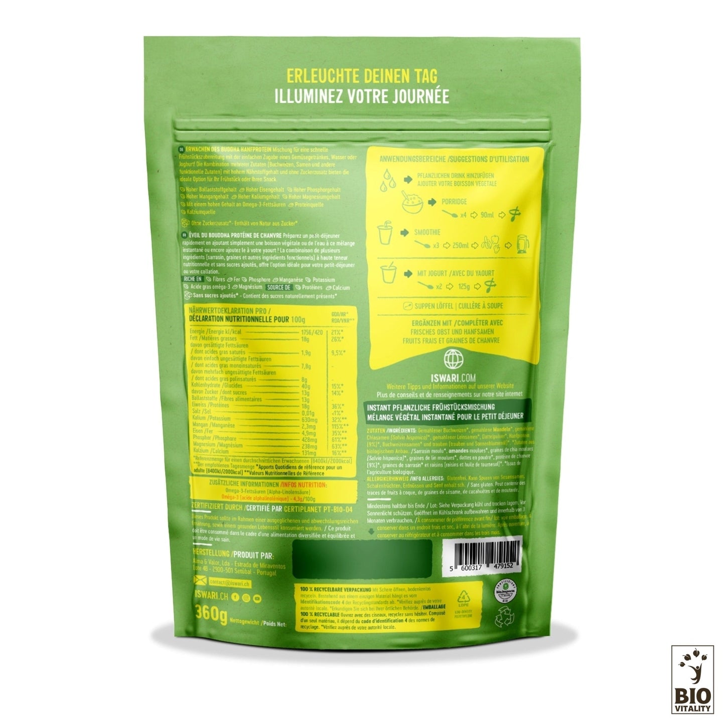Vue arrière dun paquet vert de 360 g de Chanvre Bio Éveil du Bouddha dISWARI avec informations nutritionnelles, instructions dutilisation et marquage. Contient un texte multilingue mettant en évidence des ingrédients comme la sarrasine et le chanvre pour une expérience saine.