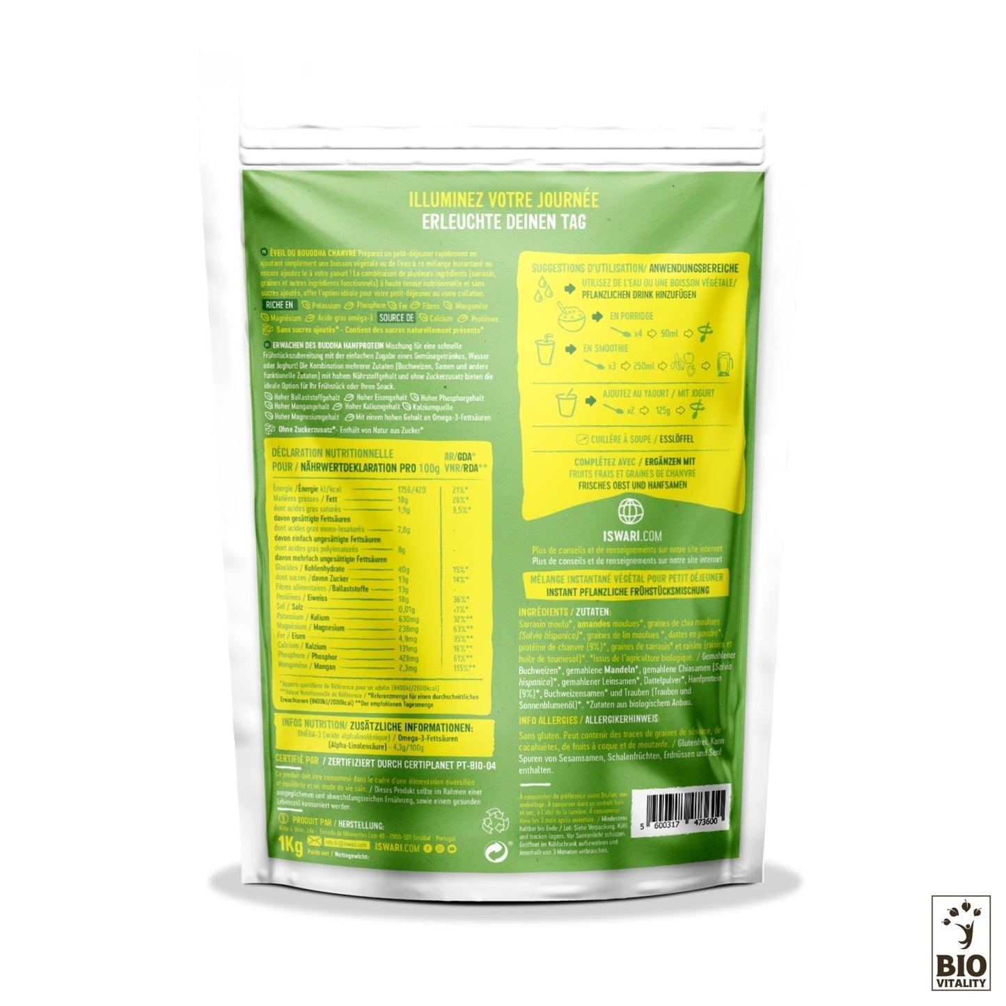 Vue arrière dun emballage vert et blanc pour le Chanvre Bio Éveil du Bouddha dISWARI mettant en vedette la sarrasine, avec des informations nutritionnelles, des instructions de préparation et des détails pour les fans dÉveil du Bouddha.