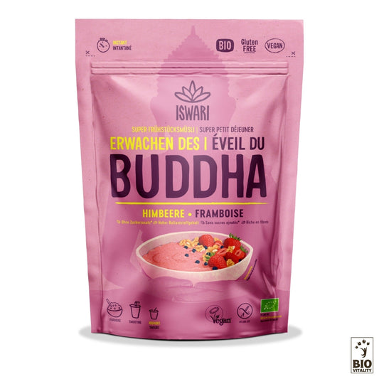 Lemballage « Éveil du Bouddha Framboise Bio - 360g » dISWARI est rose vif et violet avec une image de bol de smoothie aux baies. Étiqueté végétalien, sans gluten et source de protéines, il détient diverses certifications pour des matins sains.
