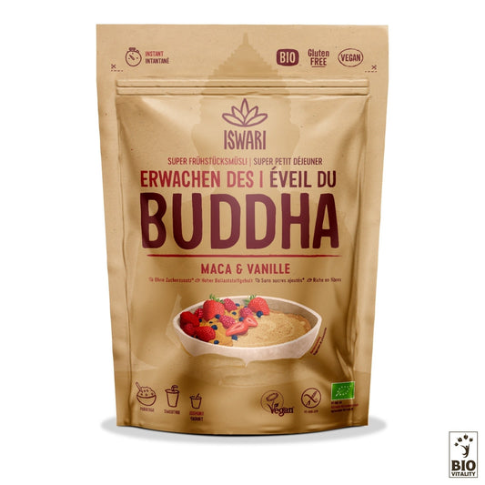 La pochette marron Éveil du Bouddha Maca & Vanille Bio dISWARI présente des icônes maca et vanille, vegan, sans gluten et bio. À l’intérieur se trouve une céréale digestive aux baies.
