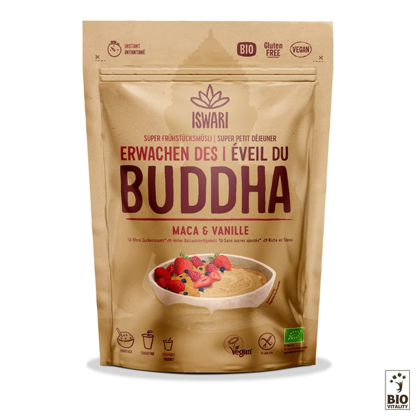 La pochette marron Éveil du Bouddha Maca & Vanille Bio dISWARI présente des icônes maca et vanille, vegan, sans gluten et bio. À l’intérieur se trouve une céréale digestive aux baies.