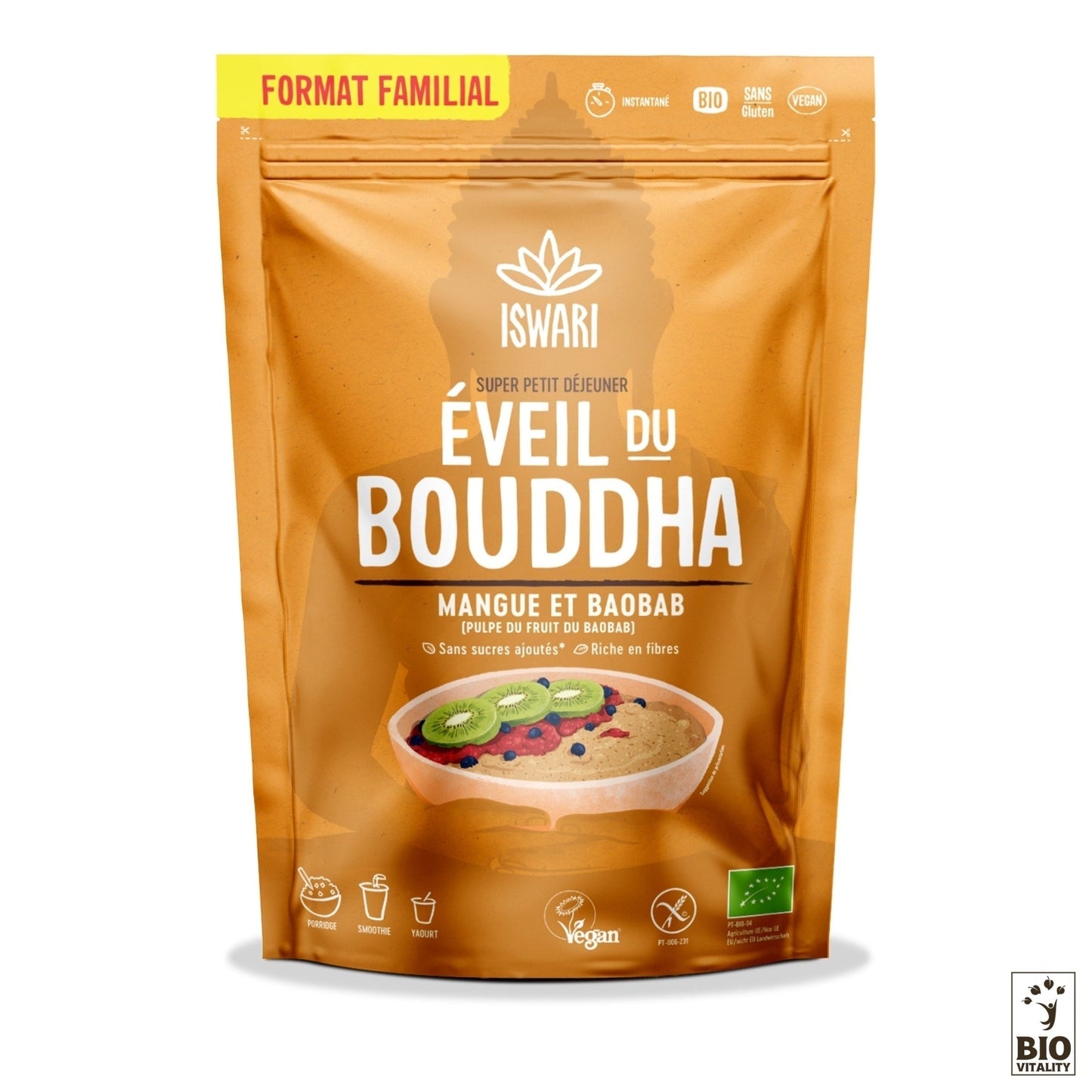 Un sachet brun dÉveil du Bouddha Mangue & Baobab Bio dISWARI présente une image de bol de smoothie et est étiqueté végétalien et biologique. Ce mélange riche en nutriments favorise la digestion et fournit une énergie naturelle pour bien démarrer la journée.