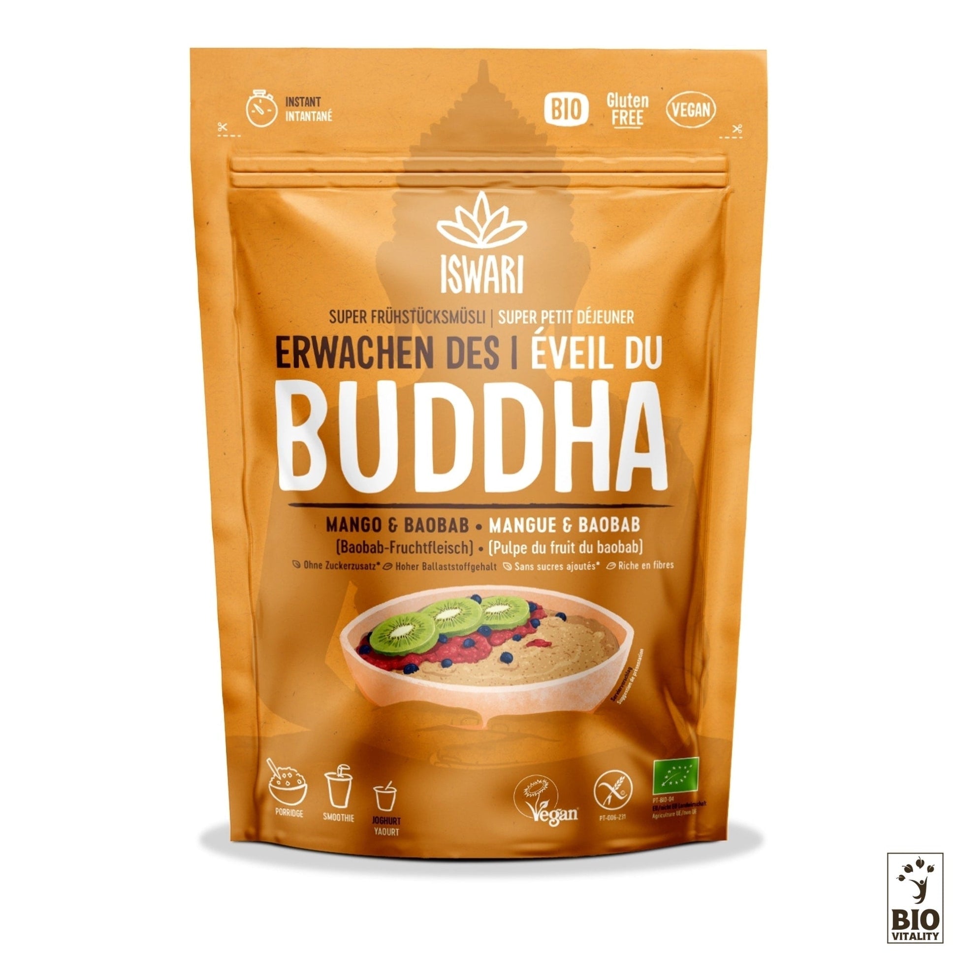 Une pochette beige du mélange petit-déjeuner Éveil du Bouddha Mangue & Baobab Bio dISWARI, riche en nutriments et contenant des icônes végétaliennes, sans gluten et biologiques pour faciliter la digestion.