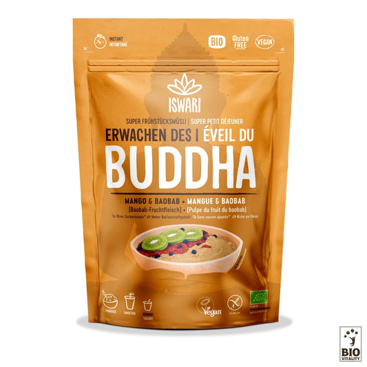 Une pochette beige du mélange petit-déjeuner Éveil du Bouddha Mangue & Baobab Bio dISWARI, riche en nutriments et contenant des icônes végétaliennes, sans gluten et biologiques pour faciliter la digestion.