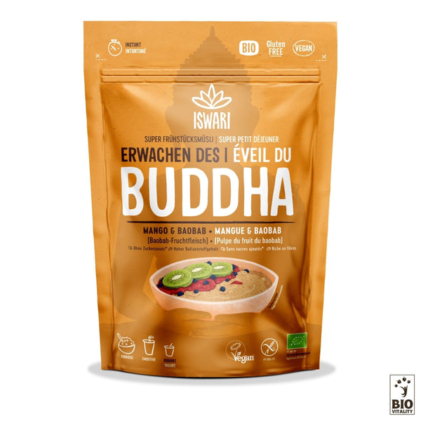 Une pochette beige du mélange petit-déjeuner Éveil du Bouddha Mangue & Baobab Bio dISWARI, riche en nutriments et contenant des icônes végétaliennes, sans gluten et biologiques pour faciliter la digestion.