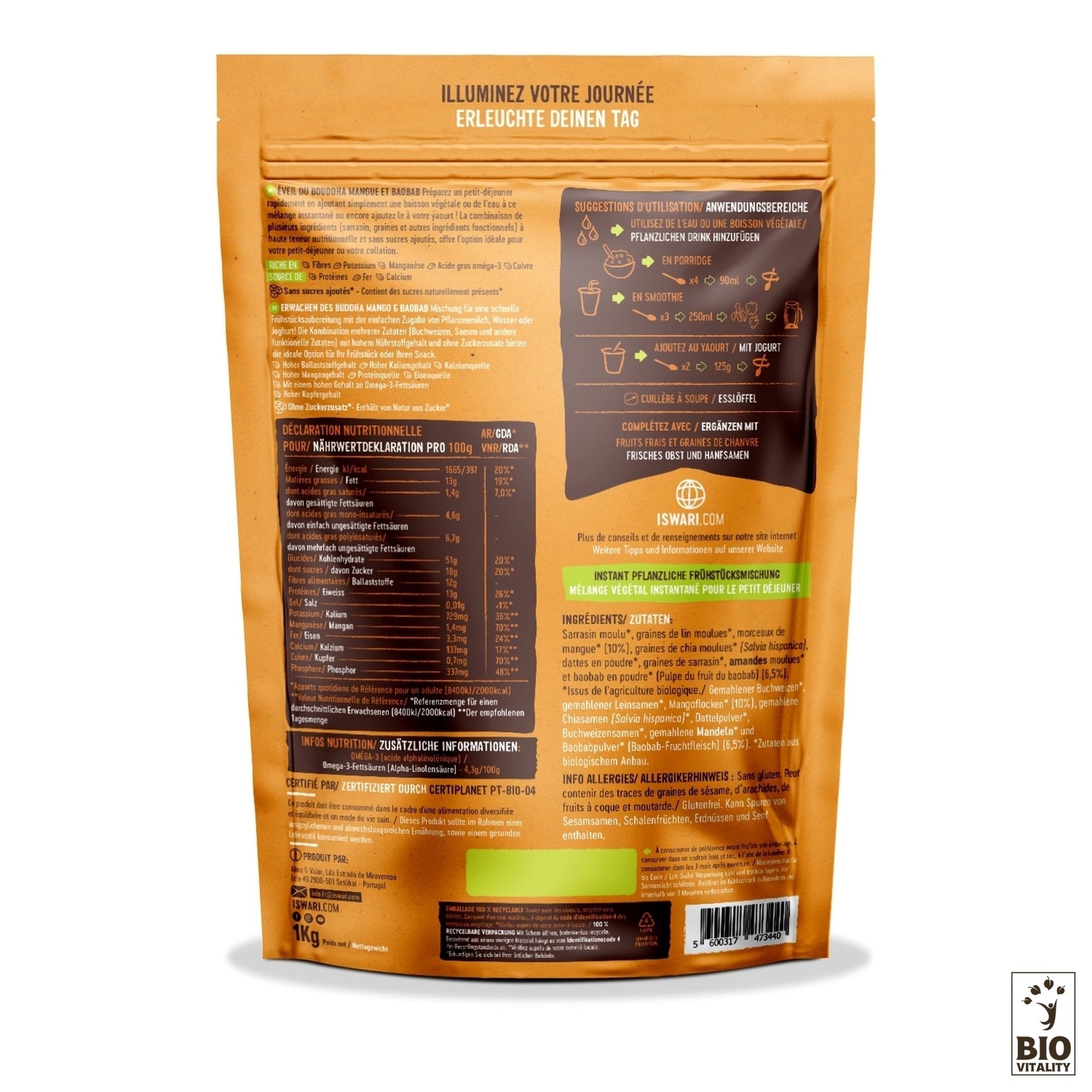 Limage montre le dos de lemballage dÉveil du Bouddha Mangue & Baobab Bio dISWARI, mettant en valeur ses informations nutritionnelles et ses instructions multilingues. Ce mélange riche en nutriments favorise une digestion facile pour un mode de vie plus sain.
