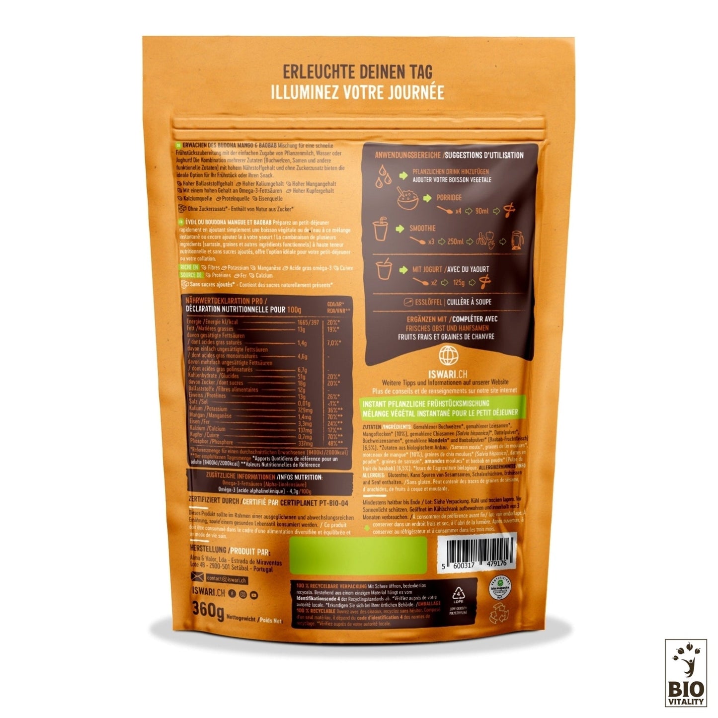 La pochette Éveil du Bouddha Mangue & Baobab Bio 360g dISWARI affiche des informations nutritionnelles multilingues, des instructions dutilisation et des ingrédients au dos, mettant en valeur son mélange riche en nutriments pour faciliter la digestion.